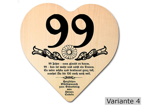 Geschenk zum 99. Geburtstag: Herz Holzschild mit Wunschtext - Online