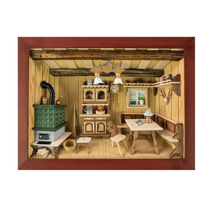 3D-Wandbild aus Holz Kaminzimmer