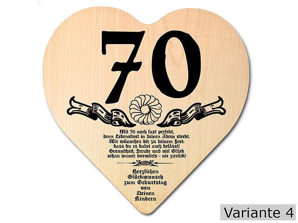 Geschenk zum 70. Geburtstag Herz Holzschild mit Wunschtext Online